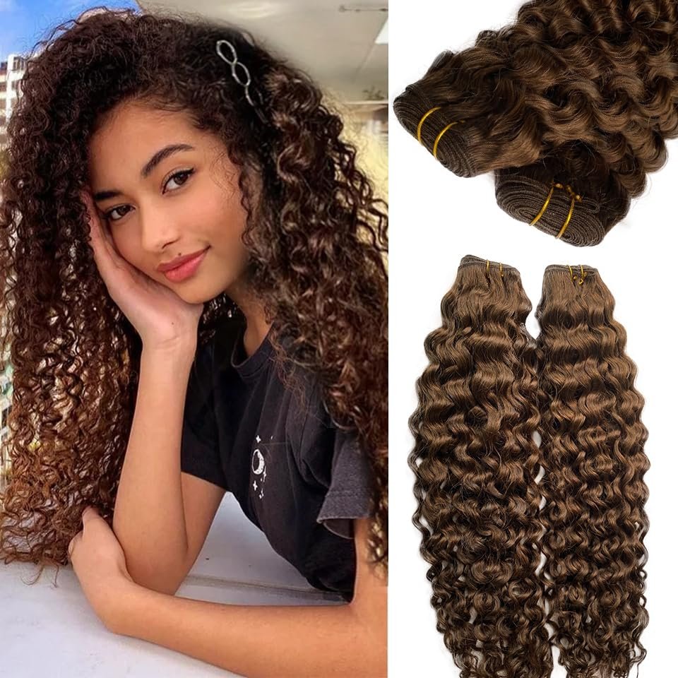 Curly Sew in Hair Extensions Real Human Hair Chocolate Brown Hand Tied Weft Human Hair Bundles for Women Full Head Blonde Hand Tied Water Wave Sew in Double Weft Hair Extensions 80G 14Inch
