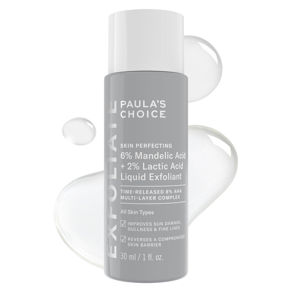 Paulas Choice Liquid Face Exfoliant 6% Mandelic Acid + 2% Lactic Acid Exfoliant, Gentle Daily AHA Exfoliation for Discoloration, Bumpy Texture & Radiance, for Sensitive Skin, Fragrance-Free, 1 fl oz