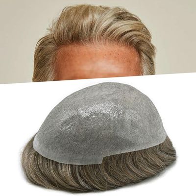 Toupee For Men V-loop knots Super Thin Skin Human Hair 8x10 Inch Replacement System Mens Toupee Natural Mens Hairpiece#620 Light Brown with 20% gray hair-90% Light Density