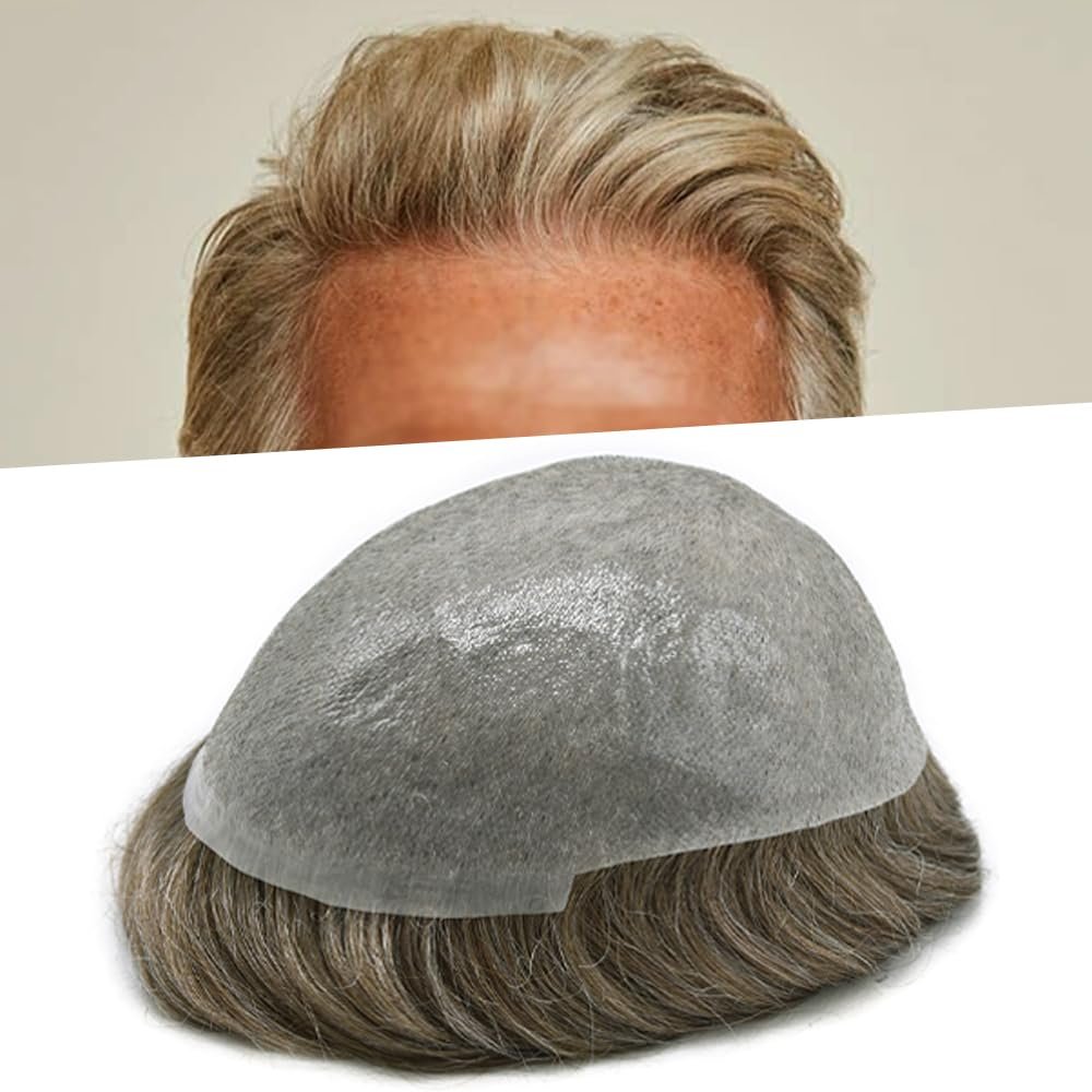 Toupee For Men V-loop knots Super Thin Skin Human Hair 8x10 Inch Replacement System Mens Toupee Natural Mens Hairpiece#620 Light Brown with 20% gray hair-90% Light Density