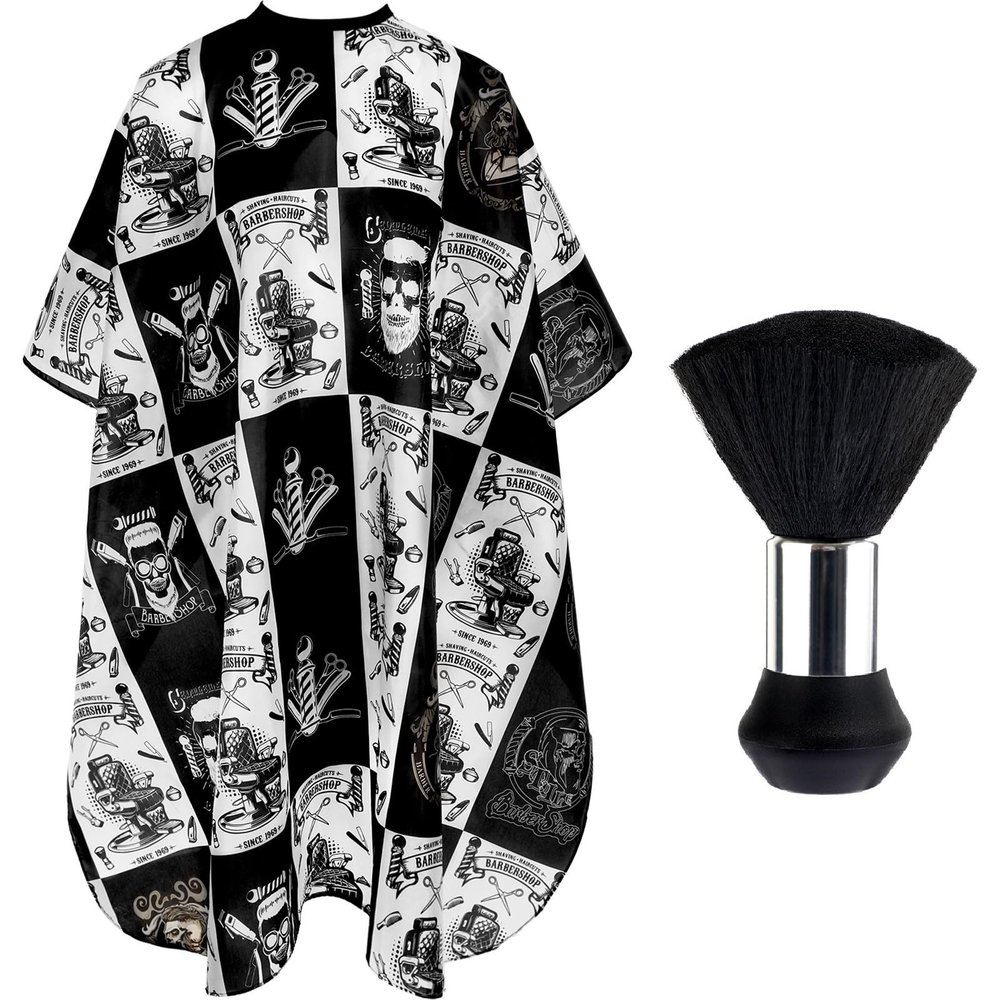 FEBSNOW Hair Cutting Cape Kit,Professional Barber Cape with Neck Duster Brush for Adults Waterproof Salon Cape with Adjustable Closure Snap Salon Barber Supplies 47x55 Inches(Black and White Plaid)