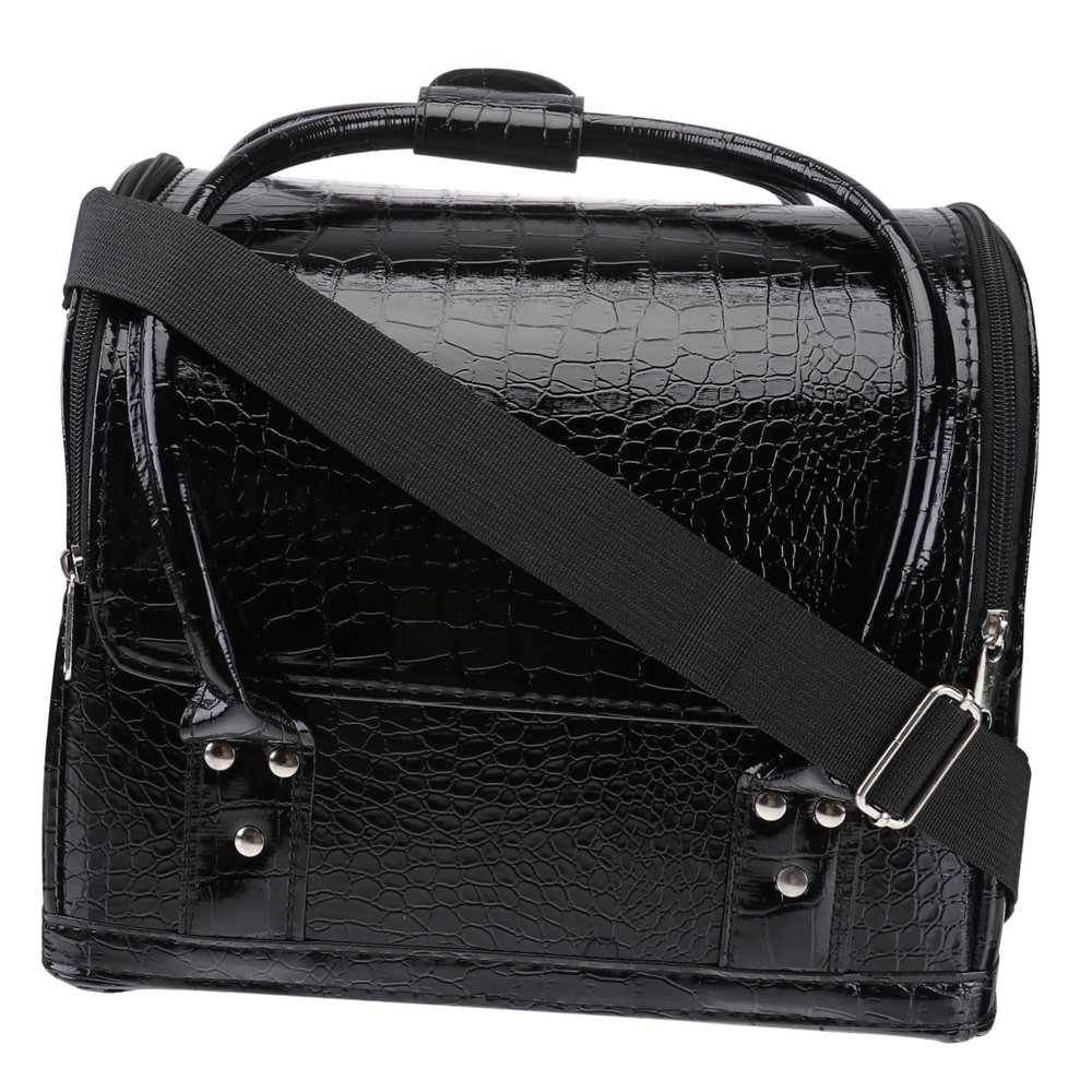 balacoo Professional Pu Leather Makeup Case with Shoulder Strap Rolling Cosmetic Organizer for Travel Capacity with Compartments Chic Black Design