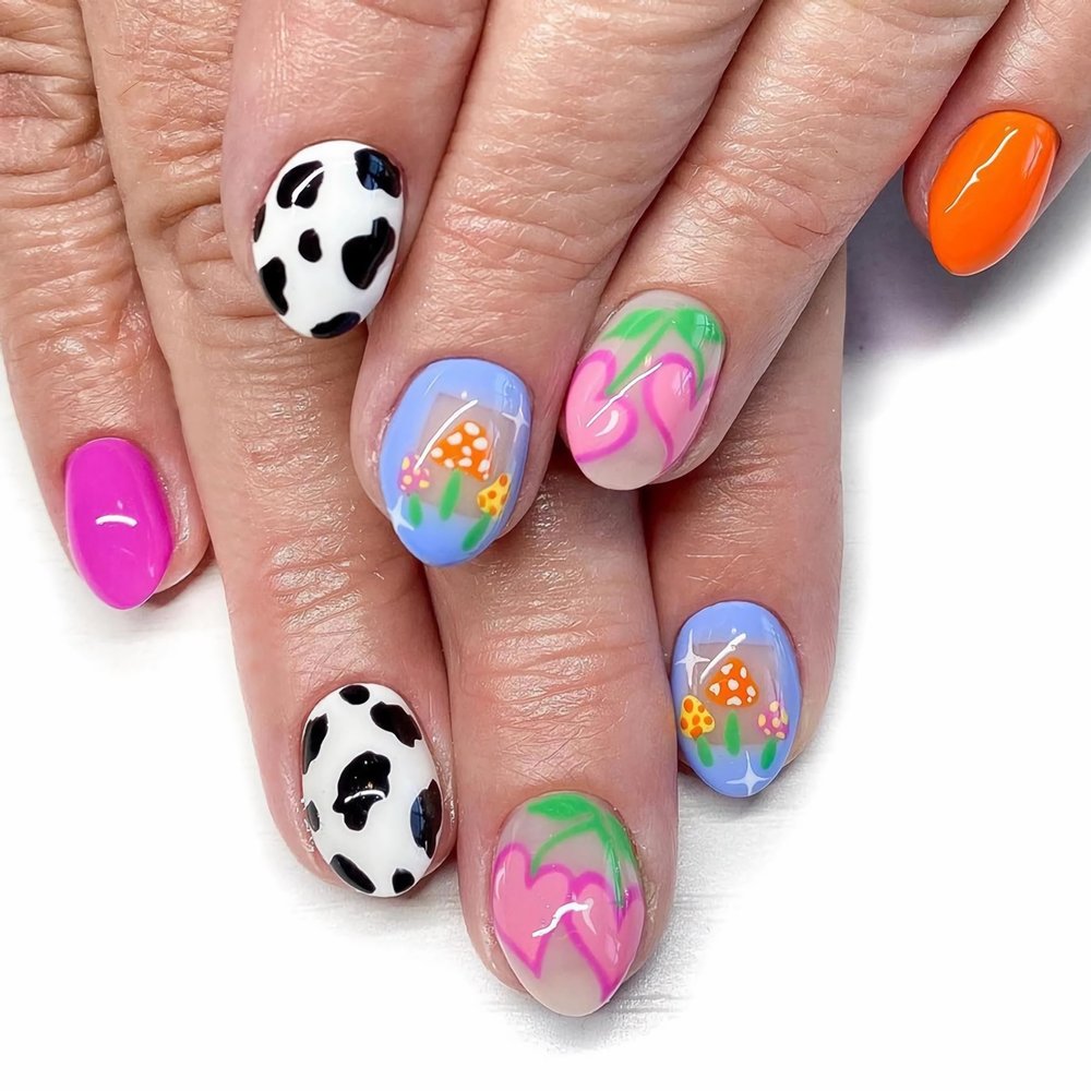 BABALAL Press On Fake Nails - Medium Almond Pink Heart Cow Print False Nails, 24pcs Glossy Acrylic Glue Ons