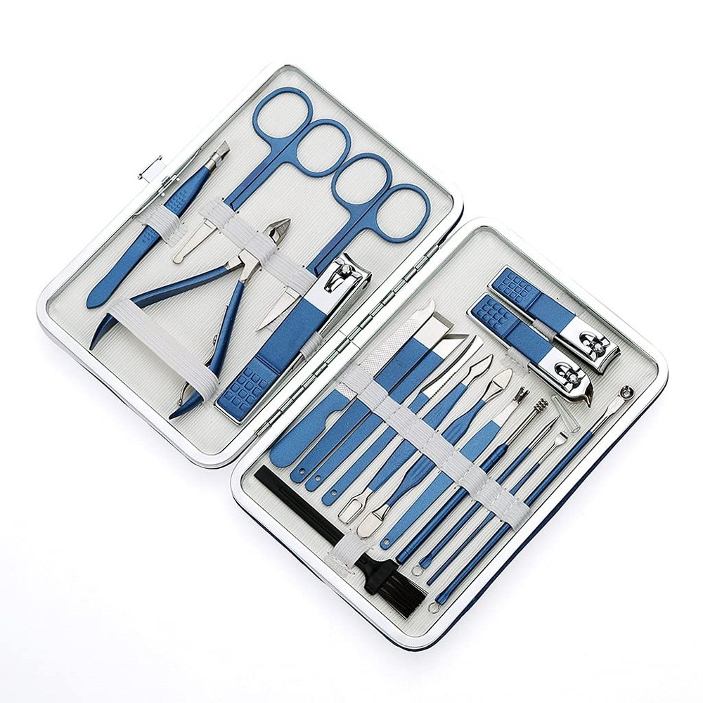 LUNIZ Manicure Set Stainless Steel Nail Tools Man and Woman Built-in Nail Files Portable Travel 18-Piece Blue Black Manicure Nail Clippers Kit (Color : Blue)