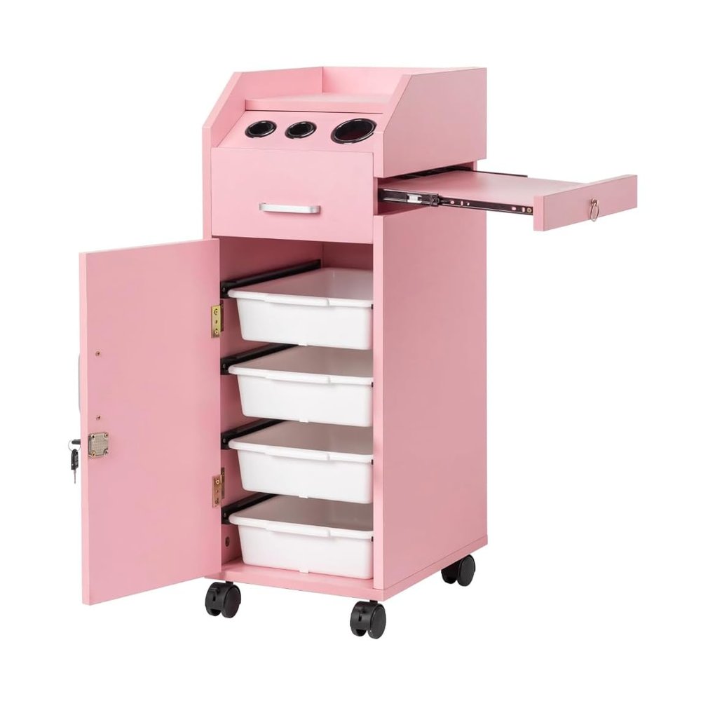 Hair Salon Storage Cart with Locable Wheels & 3 Hair Dryer Holders & 4 Drawers & Lock & 2 Keys, Rolling Salon Cart for Hair Stylist, Hairdresser, Beauty (Pink)