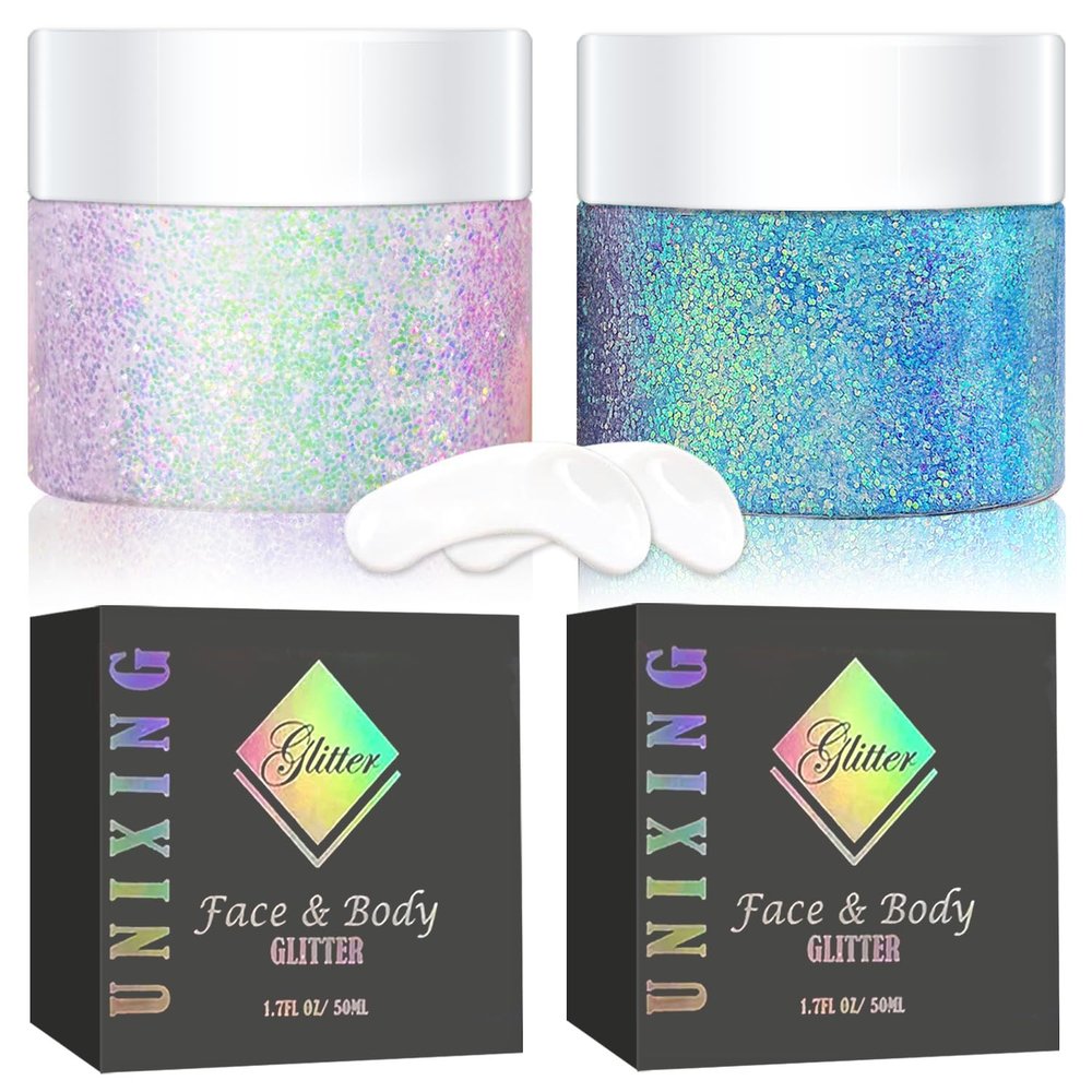 2 Packs Holographi Face Body Glitter Gel, Sparkle Color Changing Face Glitter Gel, Mermaid Sequins Glitter Face Paint, Chunky Hair Glitter Gel for Concerts Party Mardi Gras Festival, 50ML x 2