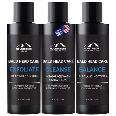Mountaineer Brand Bald Head Care Gifts For Bald Men | All Natural 3 Step Daily Skin Care for Healthy Scalp & Face | Exfoliate Scrub | Cleanse Wash | Shine Away PH Balance