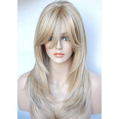 1PCS European and American Women's Wigs, Micro Curls, Oblique Medium and Long Curls, Button Mesh Chemical Fiber Wig Head Cover (Light gold)
