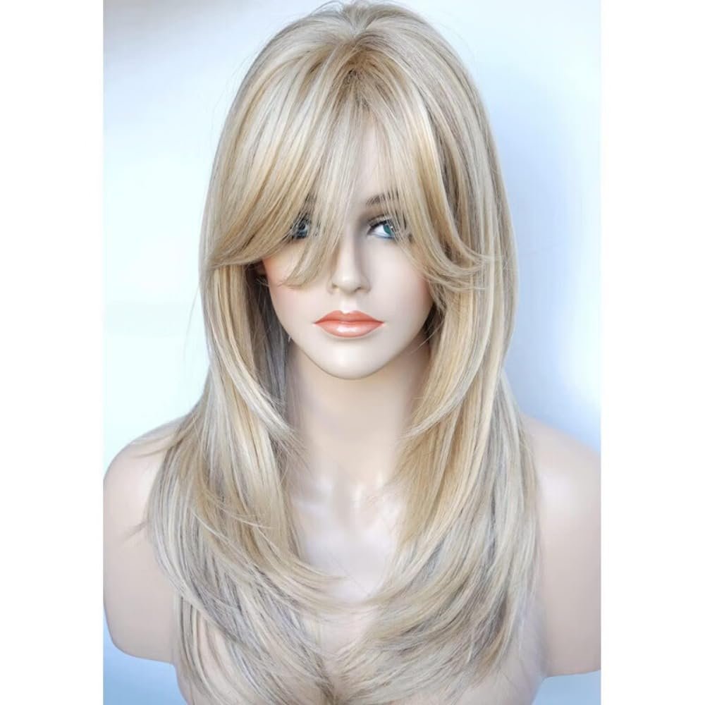 1PCS European and American Women's Wigs, Micro Curls, Oblique Medium and Long Curls, Button Mesh Chemical Fiber Wig Head Cover (Light gold)