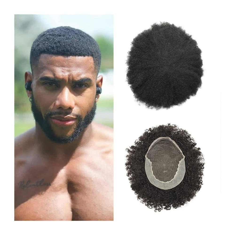 Men's Bald Hair Pieces Lace Front Curly Men Hair System Comfortable Afro Male Hair Prosthesis Bleached Knots French Lace Top and PU Thin Skin Perimeter Human Hair Pieces Toupee for Men ( Color : 6 INC