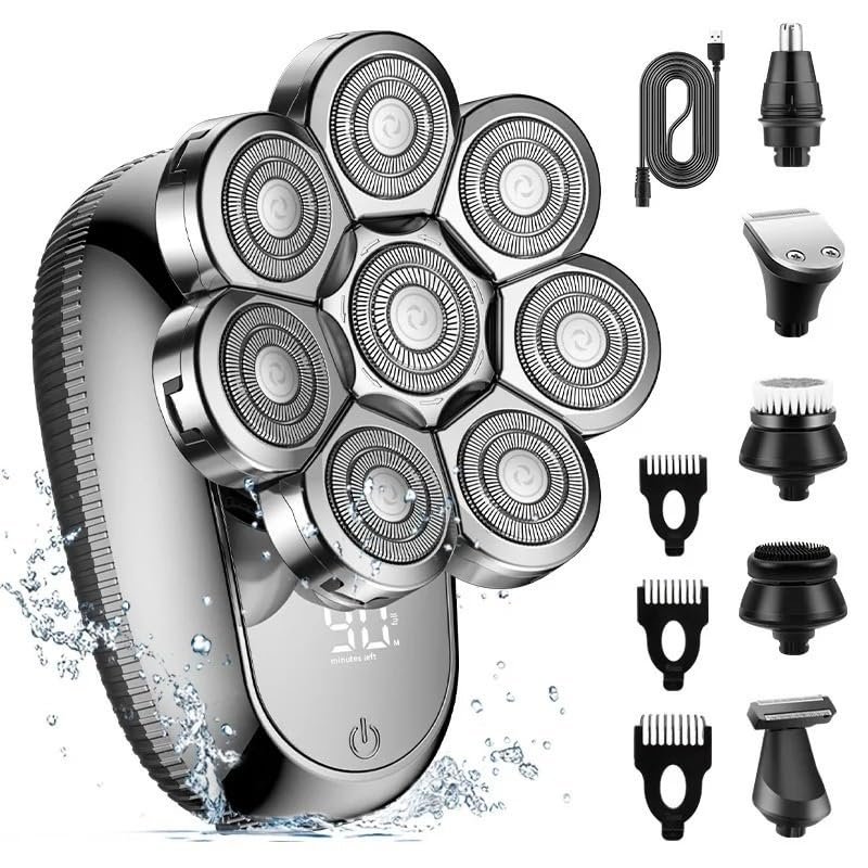 EKHOU Head Shavers for Bald Men, 6 in 1 Digital Display Rechargeable Electric Shaver Beard Trimmer Men's Trimmer Kit