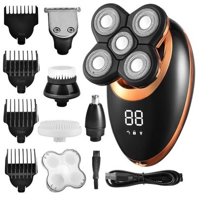 EKHOU Head Shavers for Bald Men, 5 in 1 IPX7 Men's Electric Shaver Portable Beard Trimmer Hair Clipper USB Rechargeable Waterproof LCD Bald Razor (Color : Golden 5 in 1)