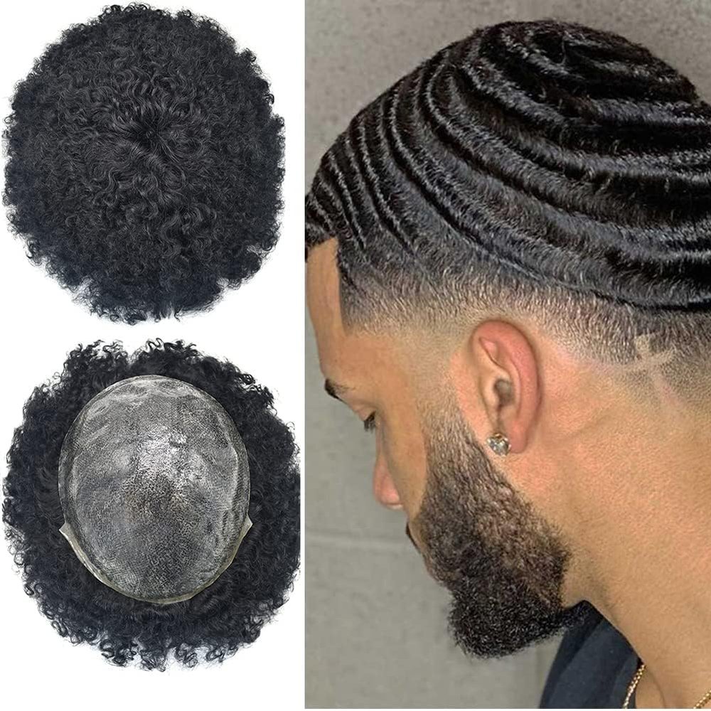 Healthlif Durable Poly Skin Hair Units Black Men Toupee Brazilian Hair PU Injection Afro Toupee For Black Men Afro Wave Kinky Curly Hairpieces 8X10 10MM Afro Wave #1 Jet Black