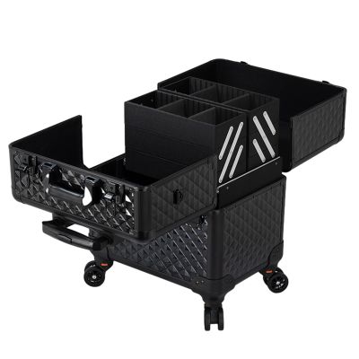 HJXGQJM Train Case Rolling Cosmetic Organizer with Rolling WheelsAluminium Make Up Case, Beauty Makeup Train Case Travel Trolley Cosmetic Bag Rolling Organizer Vanity Box, Black