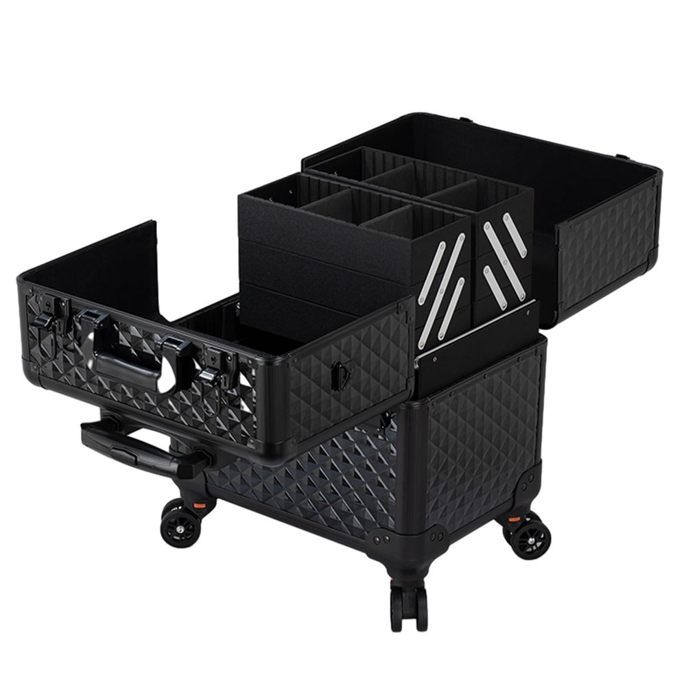 HJXGQJM Train Case Rolling Cosmetic Organizer with Rolling WheelsAluminium Make Up Case, Beauty Makeup Train Case Travel Trolley Cosmetic Bag Rolling Organizer Vanity Box, Black