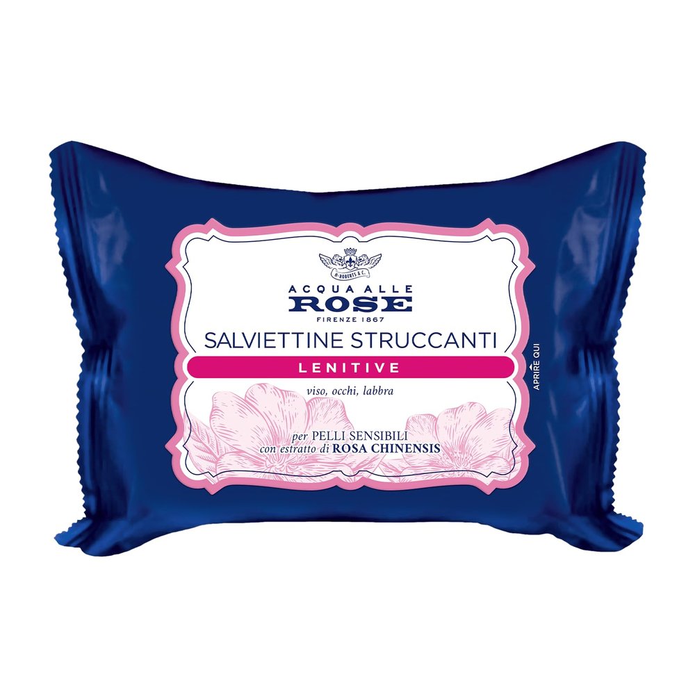 Acqua alle Rose Firenze 1867 Soothing Make-up Removing Wipes for Face, Eyes, Lips Sensitive Skin with Rosa Chinensis, 1 pack of 20 wipes 1 unit - Made in Italy [italian import]
