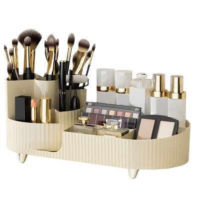 360  Rotary Brush Makeup Organiser Storage Rotating Desk Makeup Brushes Skincare Organiser Storage Tray Cosmetic Storage Box Makeup Spinning Holder For Dressing Table Bedroom Bathroom ( Color : White
