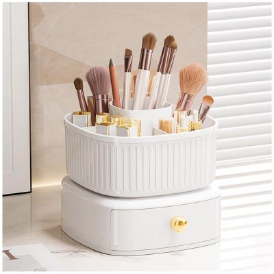 360 Rotating Makeup Organiser Makeup Brush Holder With Drawer Dressing Table Cosmetic Storage Box Dressing Table With Drawer Perfume Cosmetic Organiser For Bedroom Bathroom Office ( Color : Pure Whit