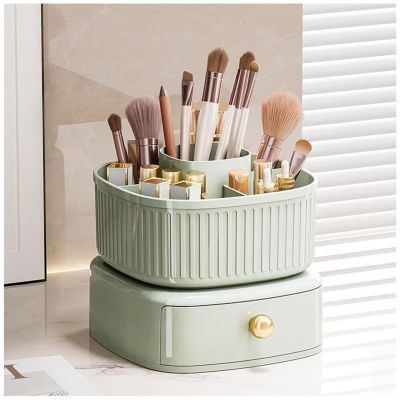 360 Rotating Makeup Organiser Makeup Brush Holder With Drawer Dressing Table Cosmetic Storage Box Dressing Table With Drawer Perfume Cosmetic Organiser For Bedroom Bathroom Office ( Color : Green )