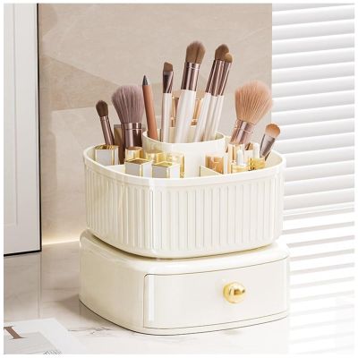 360 Rotating Makeup Organiser Makeup Brush Holder With Drawer Dressing Table Cosmetic Storage Box Dressing Table With Drawer Perfume Cosmetic Organiser For Bedroom Bathroom Office ( Color : Creamy Wh
