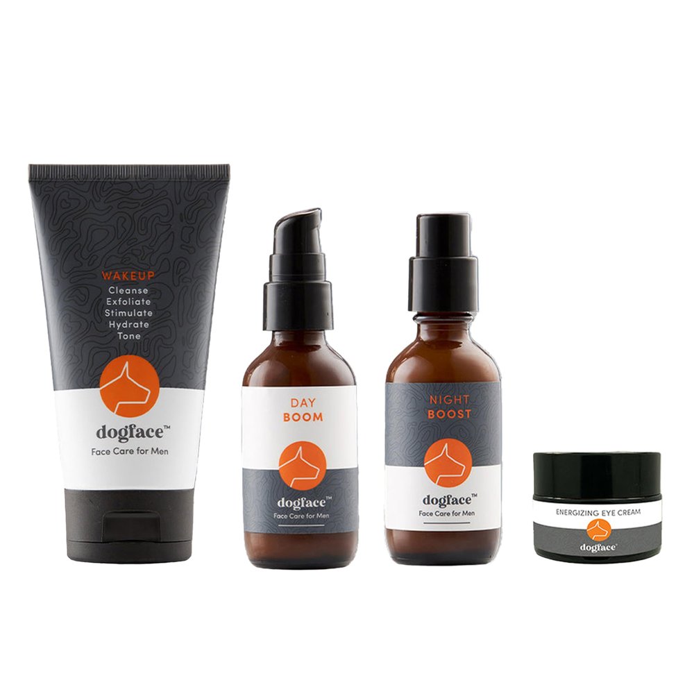 Dogface Men's - Wakeup Gel Daily Face Wash to Exfoliate, Hydrate & Tone Skin, Day Boom Moisturizer, Night Boost Night Cream Retinol Serum, Eye Cream (Complete Combo)