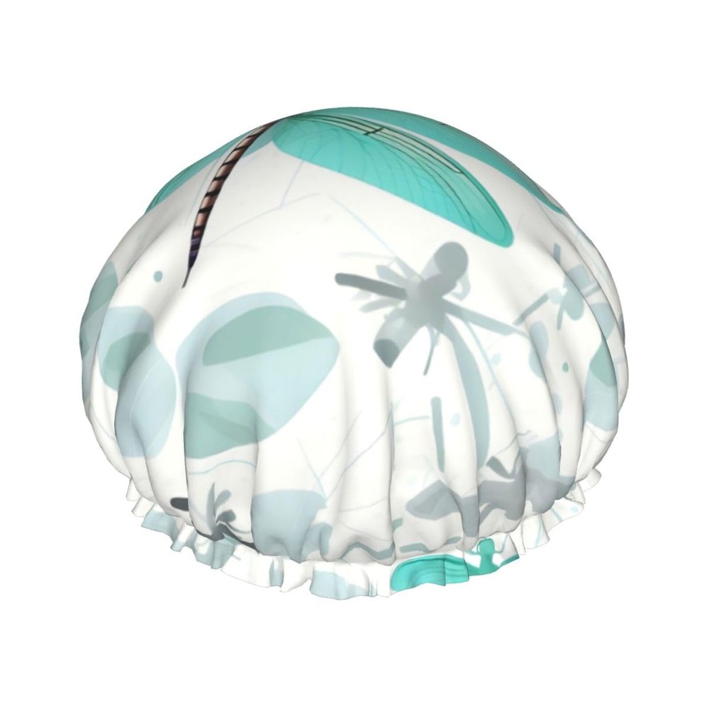 PULaif Green Dragonfly Shower Cap For Water Shower Non Wetting,Double Layer Reusable Shower Cap,Hair Shower Caps For Long Hair