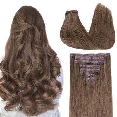 GOO GOO Clip in Hair Extensions Real Human Hair, Remy Human Hair Extensions Clip ins for Women, Natural Human Hair, 16inch 110g 7Pcs, 5 Light Ash Brown