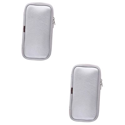 POPETPOP 2pcs Pu Leather Makeup Brush Organizer Pouch Portable Cosmetic Bag Strong Zipper for Travel and Home Use Lightweight Design Silver