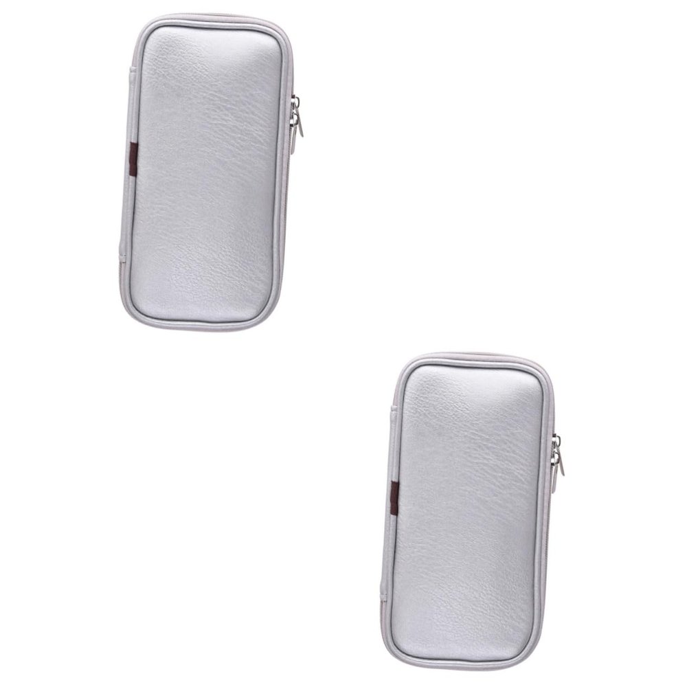 POPETPOP 2pcs Pu Leather Makeup Brush Organizer Pouch Portable Cosmetic Bag Strong Zipper for Travel and Home Use Lightweight Design Silver