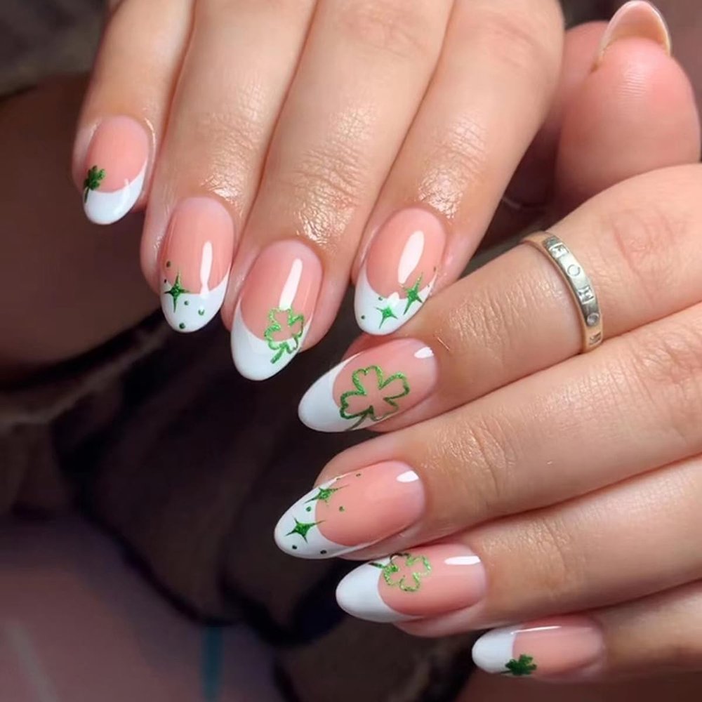 St Patrick's Press on Nail Medium Length French Tip Fake Nails with Lucky Green Shamrock Glitter Design Glue on Irish Clover False Nails St. Patrick's Day Press on Nail Decorations for Women 24Pc
