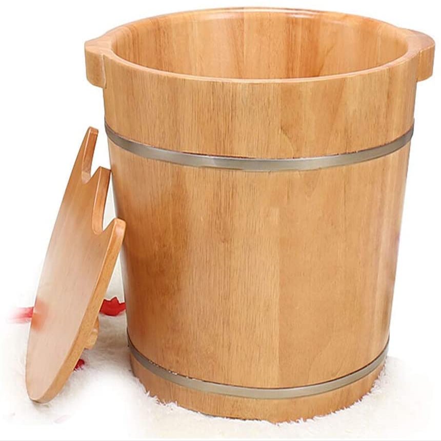 BABYCE Foot Bath Soak Foot Tub, Thickening Spa Bucket with Handle Very Good to Soak Your Feet Pedicure Bowl, Toe Nails, and Ankles Nature Hydro Massage Woodenbarrel+lid Foot Spa Bath Massager