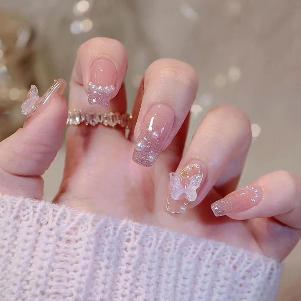 CEWEWP 24Pcs Medium Square Press-on Nails Nude Pink Glitters False Nails with Butterfly Pearl Rhinestone Designs Full Cover Glossy Acrylic ABS Artificial Nails for Women Decorations