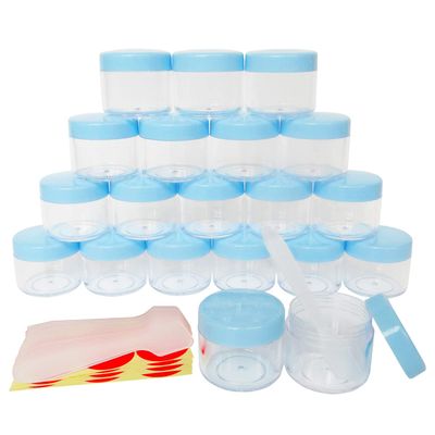Wopanxye 20pcs 20ml Small Sample Jars, Empty Refillable Cosmetic Container, Plastic Round Pot Purple Screw Cap Lid, Tiny 20g Jars for Makeup Eye-shadow Nails Powder Jewelry Slime, Free 20x Spatulas