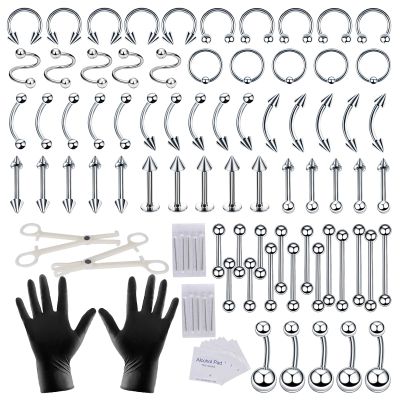 Nafaboig 94PCS Septum Piercing Kit for All Body, Belly Button Piercing Kit with Piercing Jewelry Clamps Tools and Piercing Needles(14G 16G) for Nose Septum Studs Tongue Earrings Lip Rings