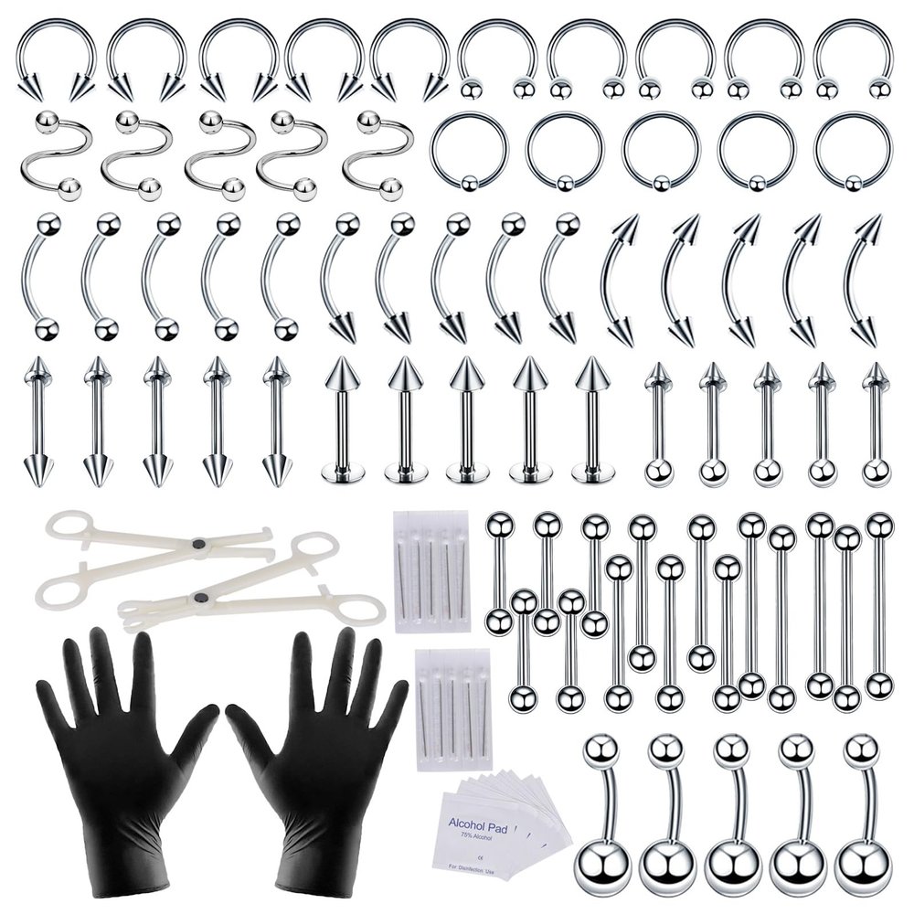 Nafaboig 94PCS Septum Piercing Kit for All Body, Belly Button Piercing Kit with Piercing Jewelry Clamps Tools and Piercing Needles(14G 16G) for Nose Septum Studs Tongue Earrings Lip Rings
