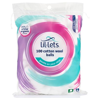 Lil-Lets Cotton Wool Balls, Certified Organic, 100% Pure Cotton Wool, Super Soft, Large Cotton Wool Puffs, Gentle on Skin, Dermatologically Tested, Pack of 100 Balls, White