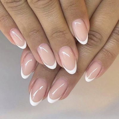 24Pcs Fake Nails Short Almond Press on Nails CEWEWP White French Tip Nails for Women Real Nude Glue on Nails Short Acrylic Nails Press on Natural Gel Oval Stick on Nails Strong False Nails Set