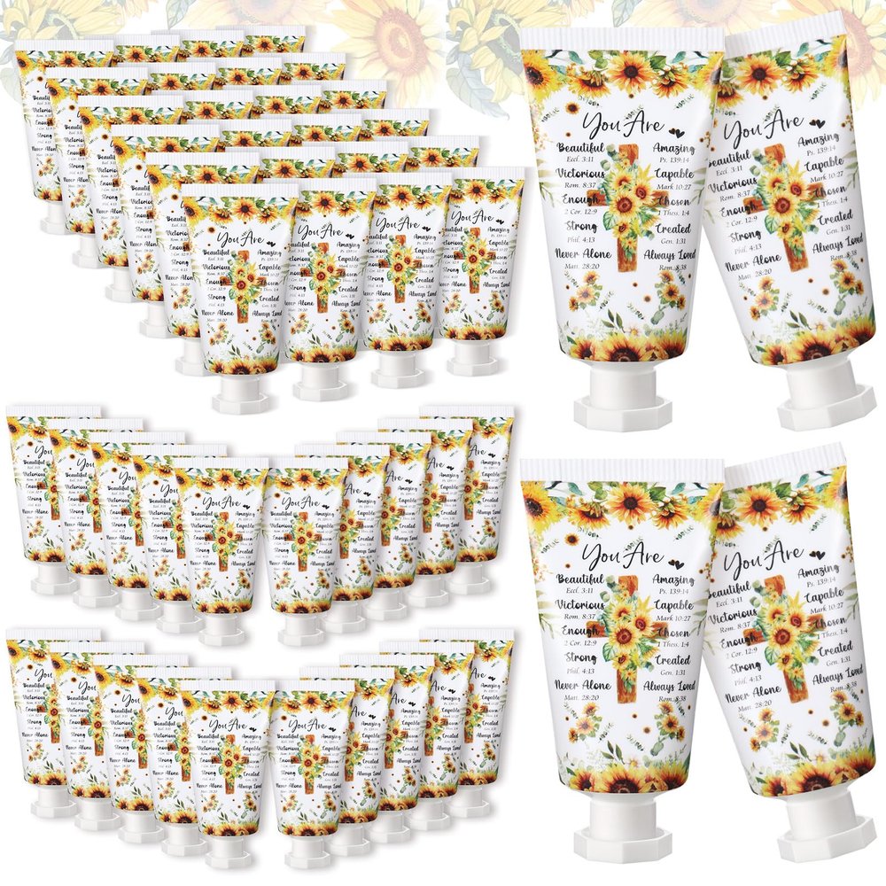 Heigble 50 Pack Christian Hand Lotion Bulk Gifts for Women Christmas Stocking Stuffers Gifts Bible Mini Travel Hand Lotion for Women Church Appreciation(Sunflower)