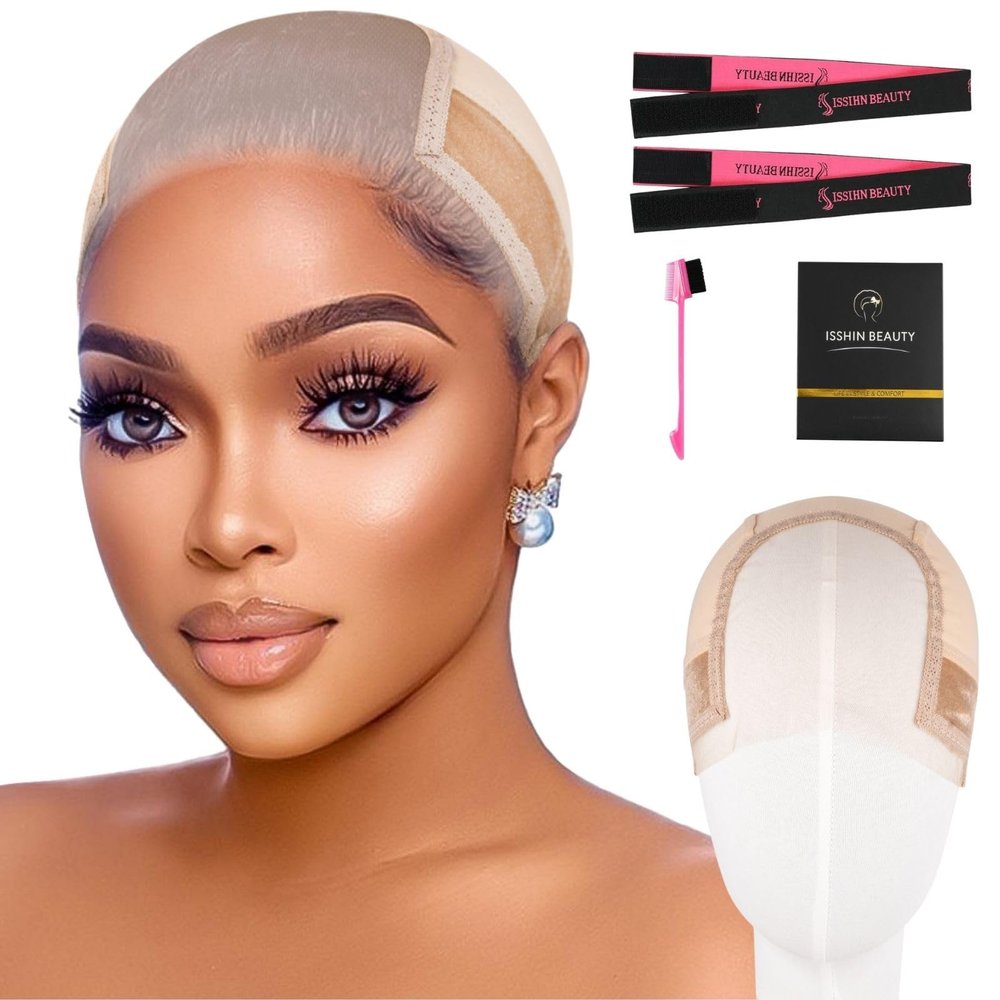 Lace Wig Grip Cap for Women - Medium Size Snug Fit 4x5 Transparent Swiss Lace Non-slip Glueless Wig Gripper with Ear-Cutouts Adjustable Velcro Headband (Light Brown)