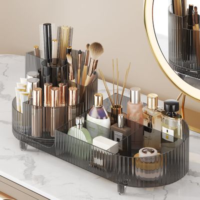 360 Rotating Makeup Organizer for Vanity - Large Capacity Cosmetic Display Case Countertop Cosmetic Storage Holder with Makeup Brush Holders Gray