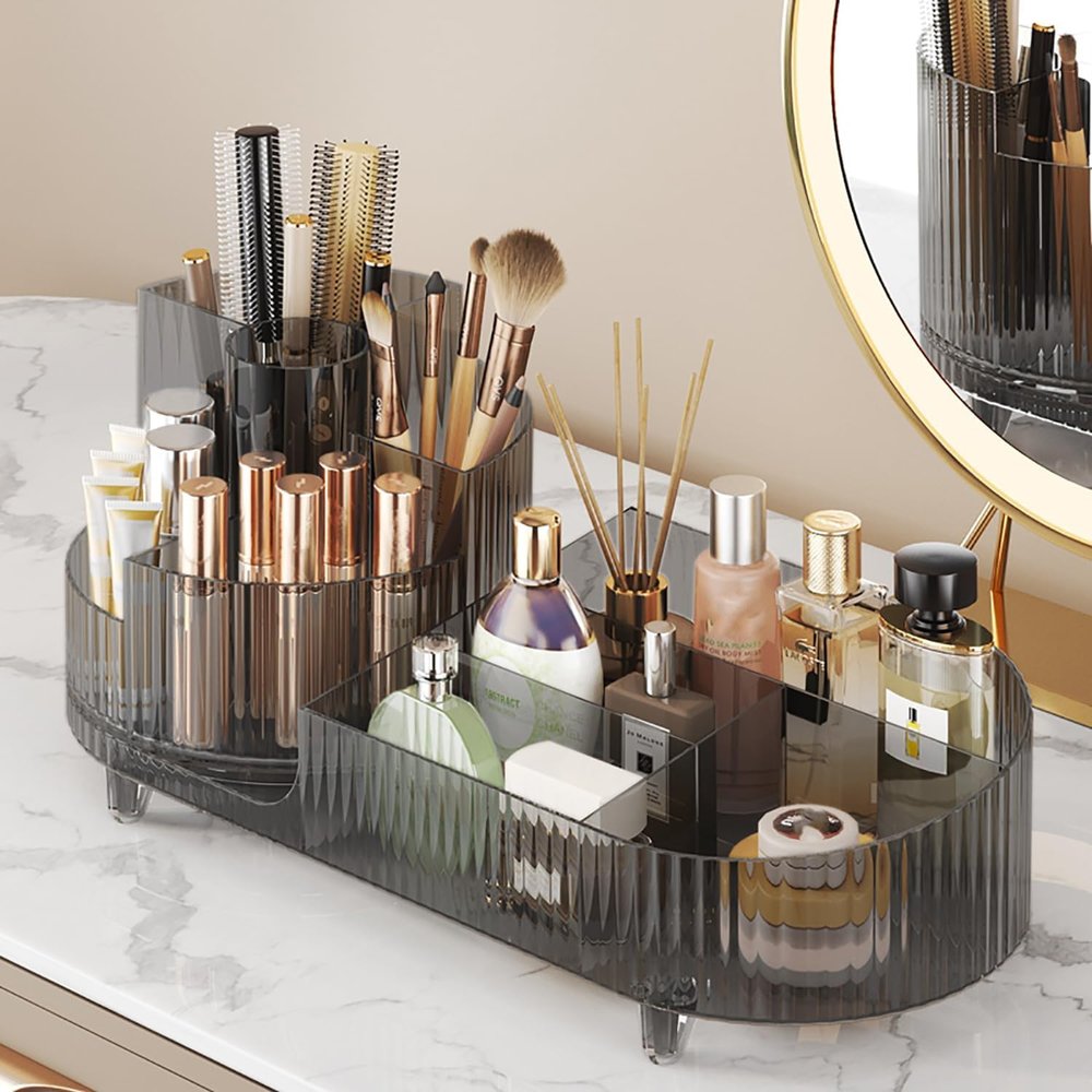 360 Rotating Makeup Organizer for Vanity - Large Capacity Cosmetic Display Case Countertop Cosmetic Storage Holder with Makeup Brush Holders Gray