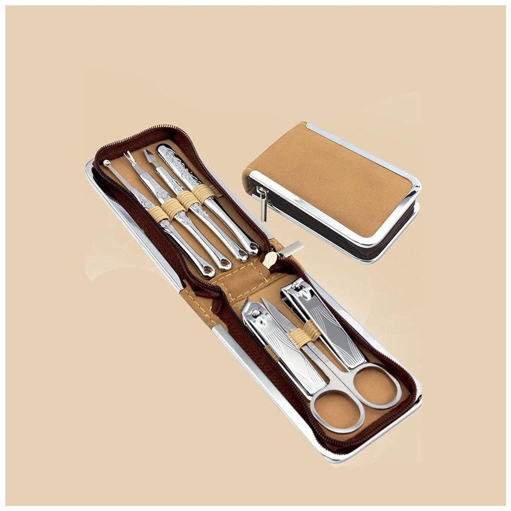 AMONG Manicure Kit Stainless Steel Nail Clipper Set Nail Clippers Care Tool for Man and Woman 7 Pieces Brown Nail Clippers Kit