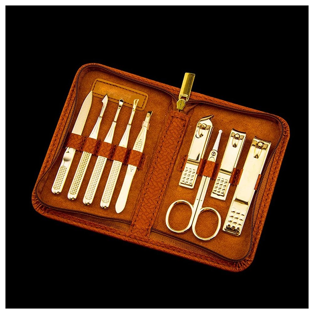 AMONG Manicure Kit Beauty Manicure Stainless Steel Nail Clippers Set Nail Clippers Care Tools Man in Woman 9 Pieces Brown Nail Clippers Kit