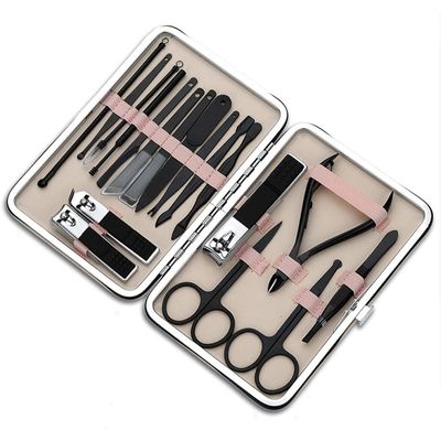 AMONG Manicure Kit Stainless Steel Nail Tools Man and Woman Built-in Nail Files Portable Travel 18-Piece Blue Black Nail Clippers Kit (Color : Pink)