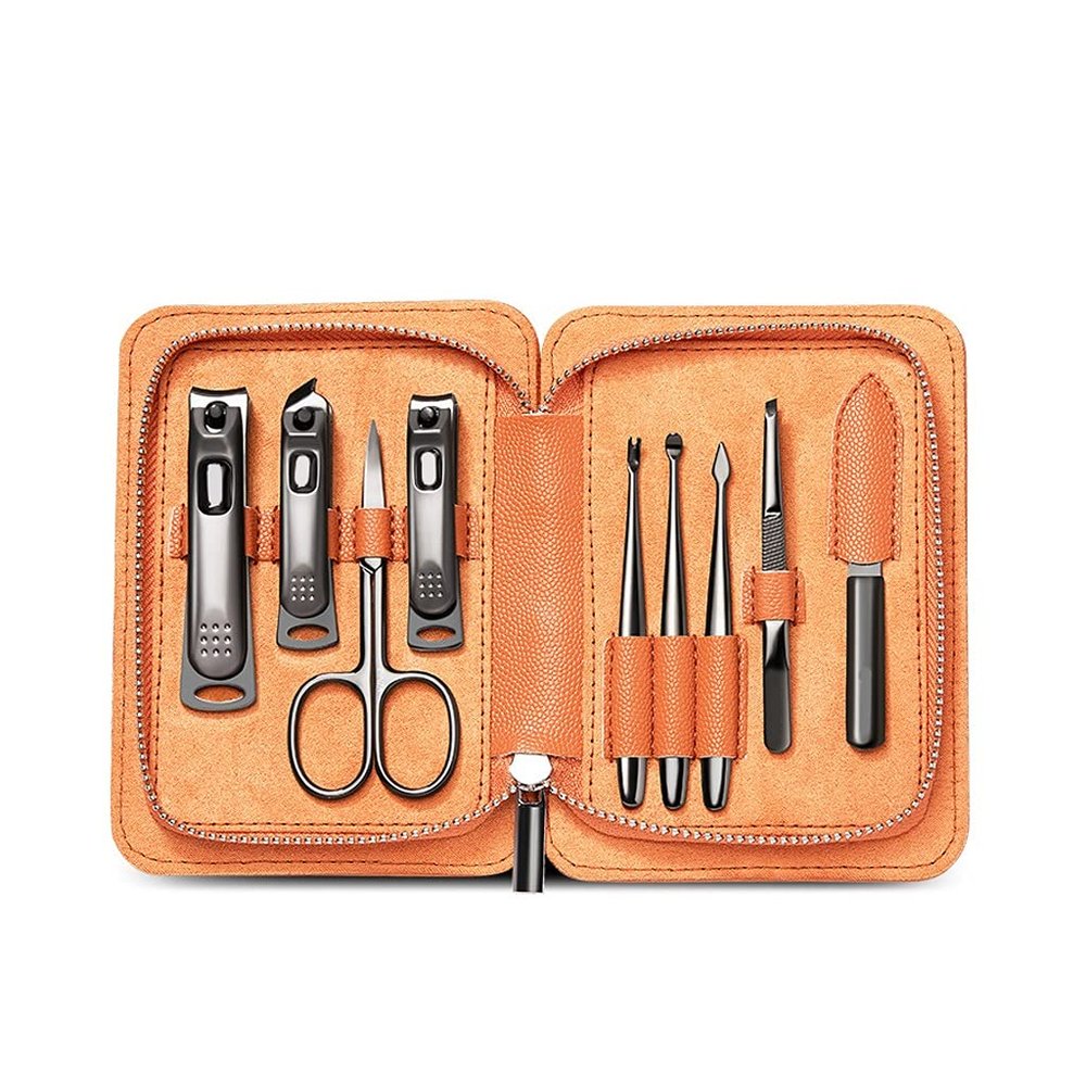 AMONG Manicure Kit Stainless Steel Nail Clippers Set Personal Care Tools Exfoliating 9-Piece Orange Man and Woman Nail Clippers Kit