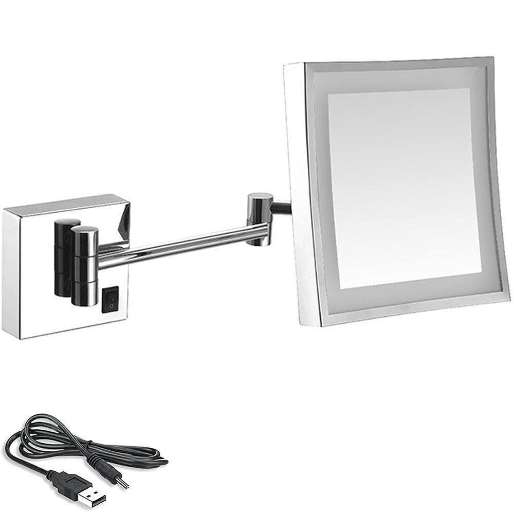8 Inch Bathroom Mirror Wall Mounted, USB Rechargeable Makeup Mirror 3X Magnification Shaving Mirror 180 Swivel Vanity Mirror LED Lighted Wall Mounted Mirrors Square Cosmetic Mirror
