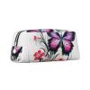 Dwrepo Floral Butterfly Pencil Bag Portable Leather Pencil Case Travel Makeup Bag Large Capacity Toiletry Bag for Women view 2