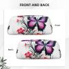 Dwrepo Floral Butterfly Pencil Bag Portable Leather Pencil Case Travel Makeup Bag Large Capacity Toiletry Bag for Women view 3