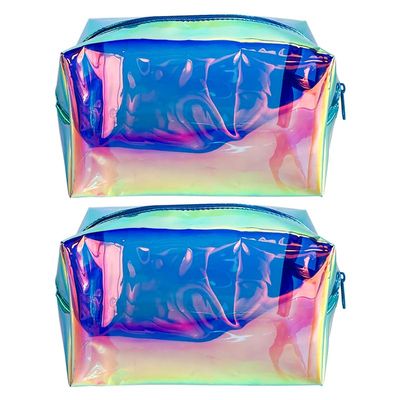 2Pack Holographic Cosmetic Bags, Portable Iridescent Makeup Bag, Waterproof Zippered Toiletry Bags for Travel Makeup Brush Holder, Women Organizer Bag Cases