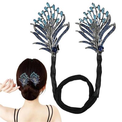 Asnewa Elegant Hair Clip for Women, Rhinestone Flower Hair Clip, for Thick or Thins Ponytail Hair Strong Hold,Lazy Hair Curler Deft Bun Maker, Ocean Blue Feather Hairpin (l)